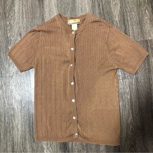 Bobby Chan Silk Cotton Blend Knit Cardigan Top Short Sleeve Cable Knit Tan/Brown